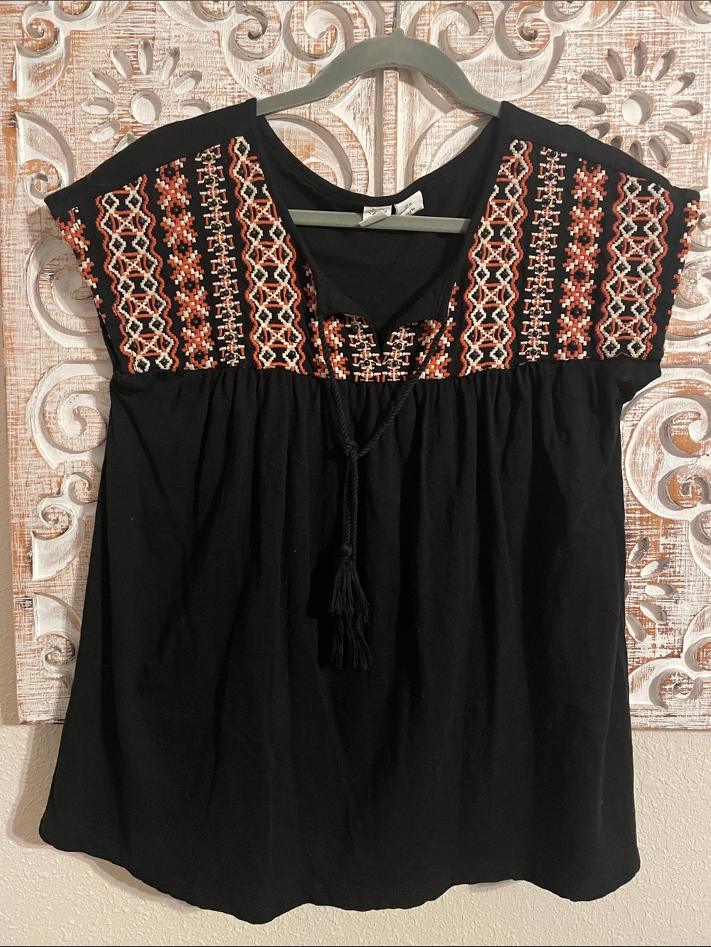 Artisan Ny Black Embroidered Peasant Tunic with Tassel Tie